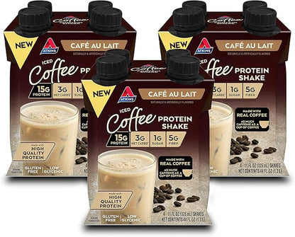 Atkins Café au Lait Iced Coffee Flavored Protein Shake, High Protein Shake, Low Sugar, Low Carb and