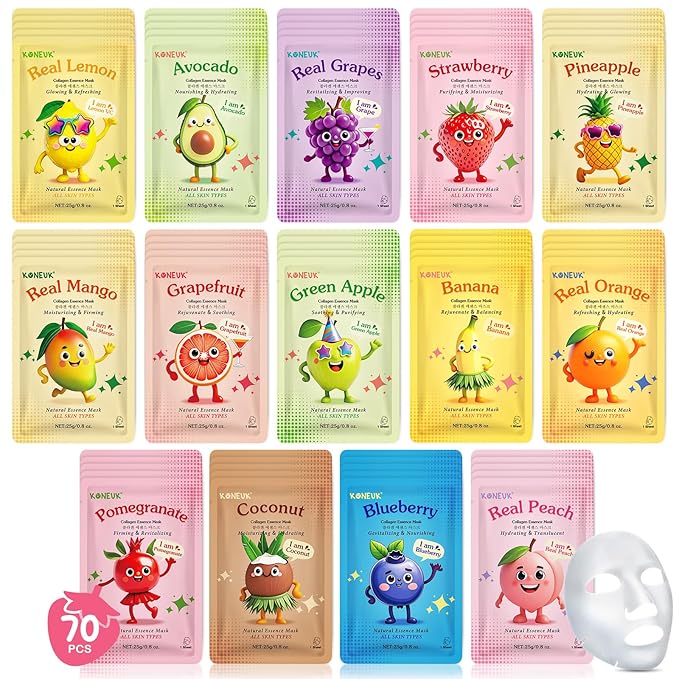 70 Pack Collagen Hydrating Face Masks Skincare for Women, Cute Fruit Face Mask Skin Care for Kids