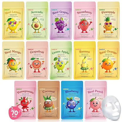 70 Pack Collagen Hydrating Face Masks Skincare for Women, Cute Fruit Face Mask Skin Care for Kids
