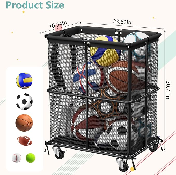 smusei Ball Storage Bin Rolling Sports Ball Storage Cart Garage Sports Equipment Organizer Rack