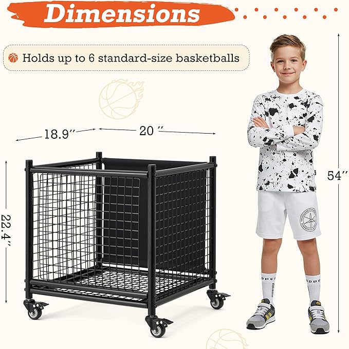 AECOJOY Ball Cart Storage, Rolling Basketball Bin with Wheels for Garage, School, Gym, Sports