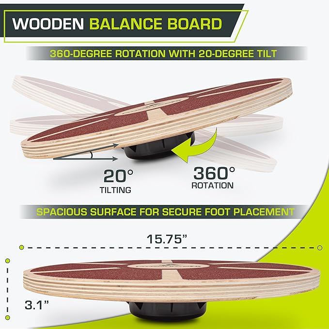 ProsourceFit Wooden Balance Board Non-Slip Wobble Core Trainer 15.75in (39.5cm) Diameter with 360