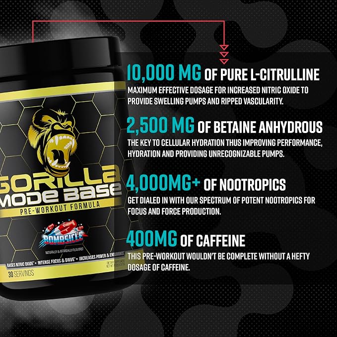 Gorilla Mind Base Pre Workout - Raises Nitric Oxide Intense Focus & Drive Endurance Power