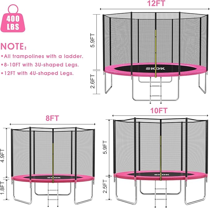 SKOK Trampoline 8FT 10FT 12FT 14FT 15FT Trampolines with Enclosure Net, 400LBS Outdoor Trampolines
