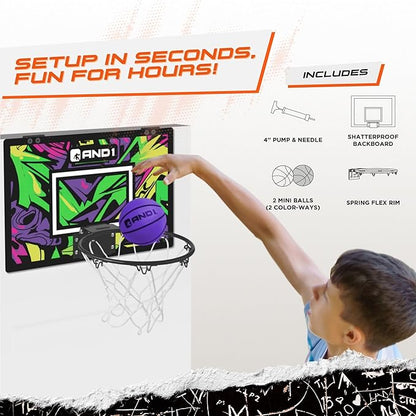 AND1 Over the Door Mini Basketball Hoop: 18x12 Shatterproof Backboard, 2 Mini Basketballs, and Hand