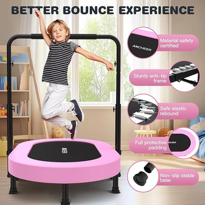 ANCHEER 56'' Foldable Mini Trampoline with Adjustable Handle - Indoor/Outdoor Rebounder for Kids &