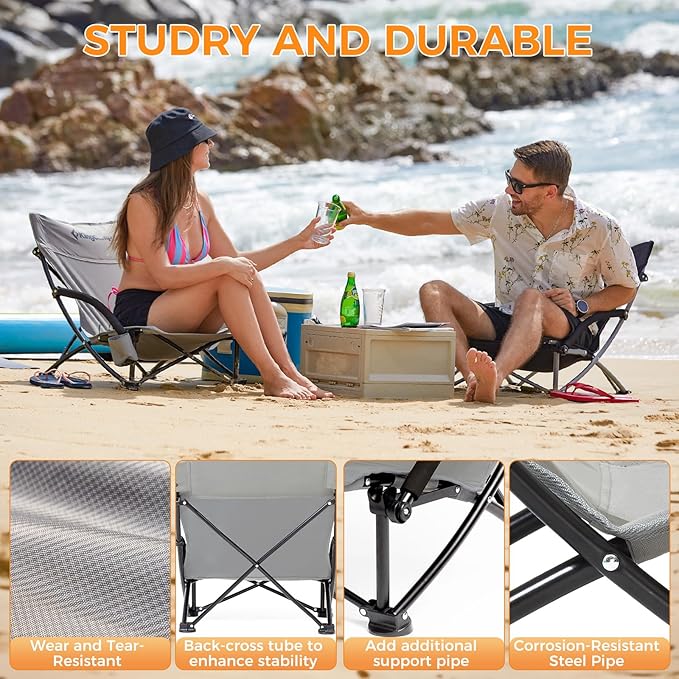 KingCamp Low Beach Chairs, Portable Folding Chair for Adults Extra Wide Ergonomic High Back Seat