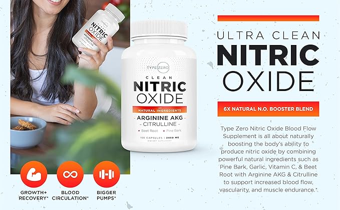 Type Zero Nitric Oxide 6X Booster, 150 Veggie Capsules - Natural Supplement - Beetroot, Arginine