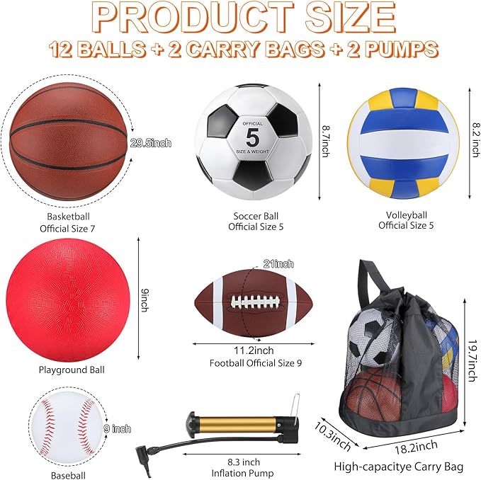 Deekin 12 Pcs Assorted Sport Ball Set Official Size Basketball, Football, Volleyball, Soccer