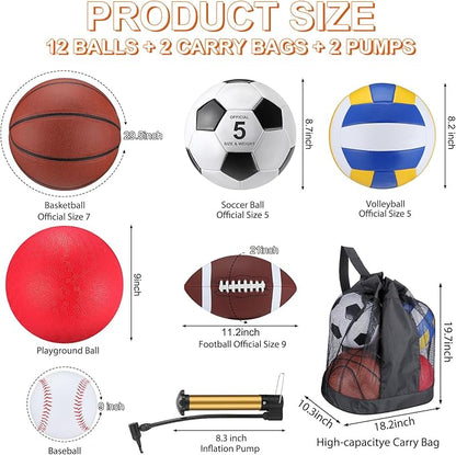 Deekin 12 Pcs Assorted Sport Ball Set Official Size Basketball, Football, Volleyball, Soccer