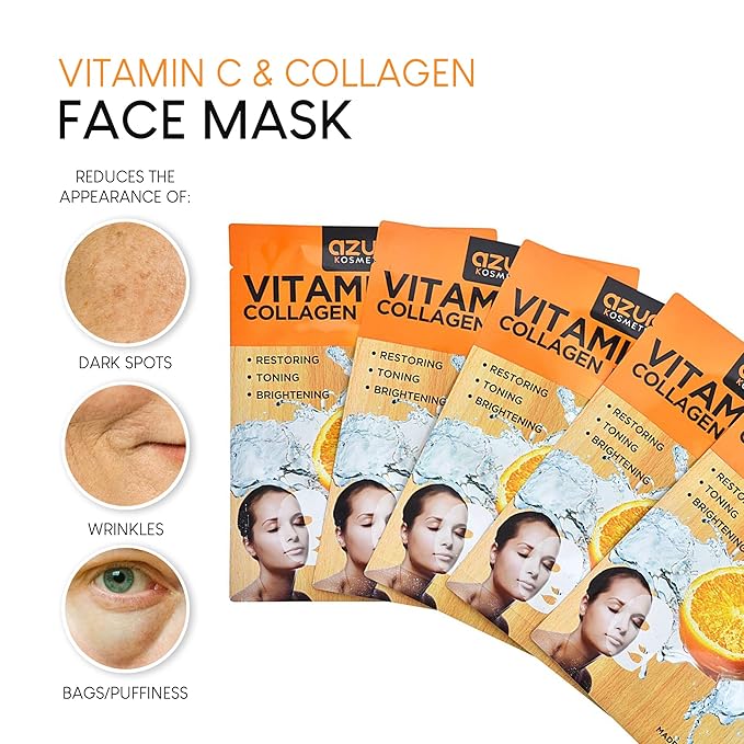 Azure Cosmetics Vitamin C & Collagen Face Mask - Dermatologist Tested, Anti Aging, Hydrating &