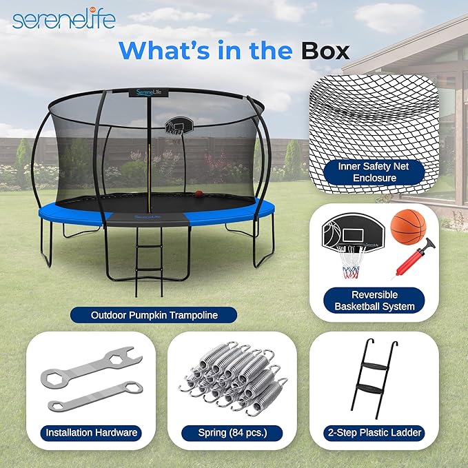 SereneLife 8FT 10FT 12FT 14FT Outdoor Trampoline for Kids - Recreational Backyard Trampoline with