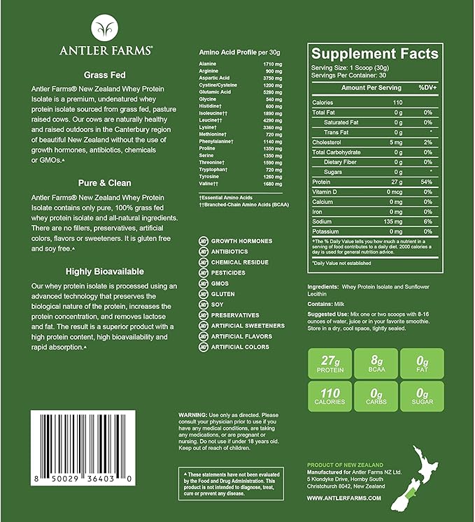 Antler Farms - 100% Grass Fed New Zealand Whey Protein Isolate, Unflavored, 2 lbs - Pure and Clean