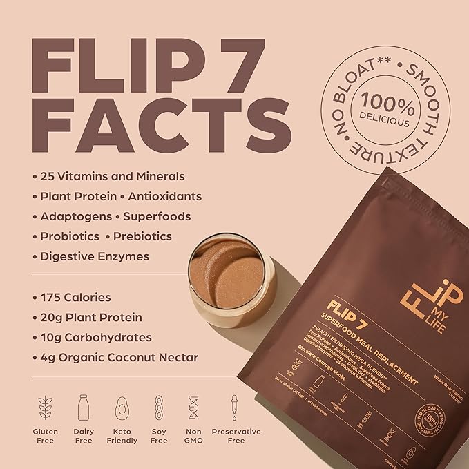 Flip 7 Natural SuperFood, Plant-Based Protein, Complete Meal Replacement to Support Healthy Gut, 7