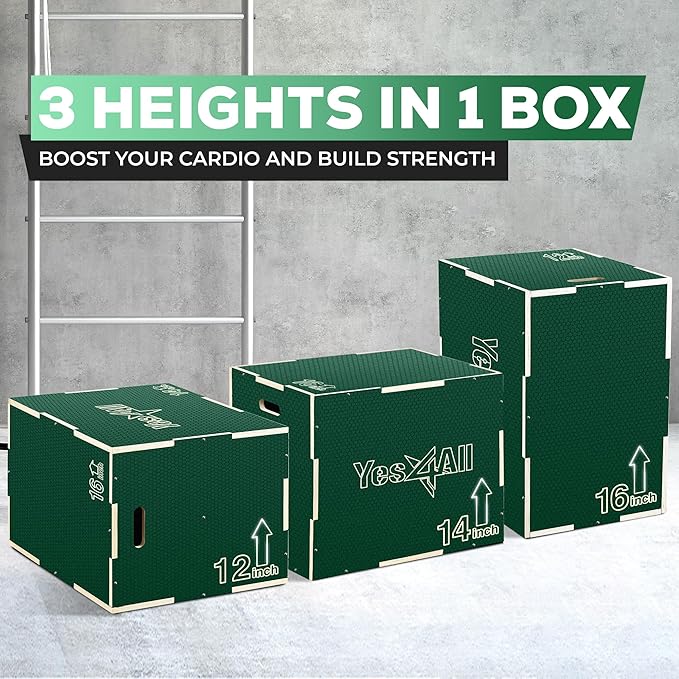 Yes4All 3 in 1 Non-Slip Wooden Plyo Box, Step Up Box for Workout, Plyometric Jump Box for Skipping