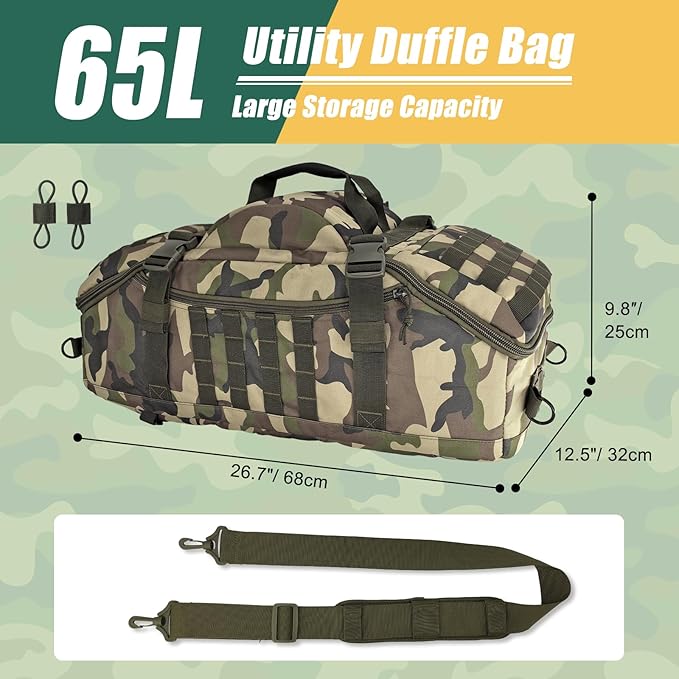65L Large Travel Duffle Bag Military Tactical Backpack, Army Assault Pack 3 Day Bug Out Rucksack