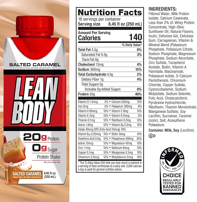 Lean Body Ready-to-Drink Salted Caramel Protein Shake, 20g Protein, Whey Blend, 0 Sugar, Gluten