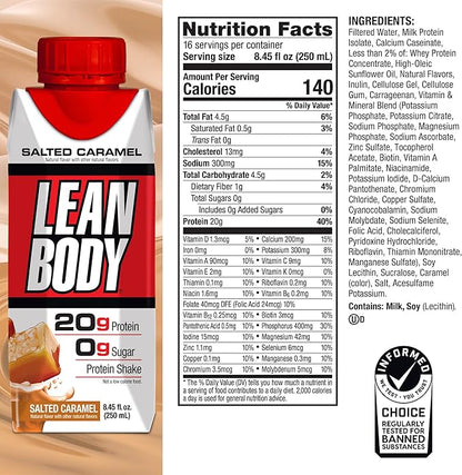 Lean Body Ready-to-Drink Salted Caramel Protein Shake, 20g Protein, Whey Blend, 0 Sugar, Gluten