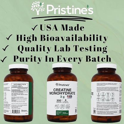 PRISTINE'S Creatine Monohydrate Capsules for Women & Men - NSF Certified 75 Day Supply 3G Muscle