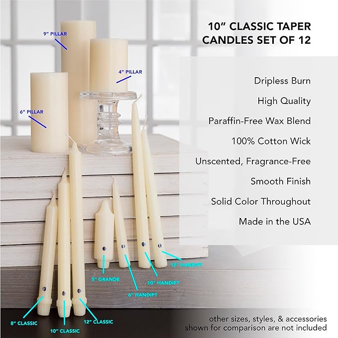 Colonial Candle Unscented Taper Candle, Classic Collection, Limoncello, 10 in, Pack of 12 - Up to 8