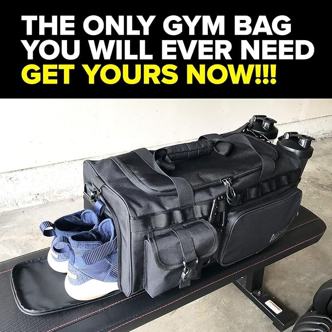 Fitdom 20" 32L Tactical Black Gym Duffle Bag with Shoe Compartment. Best Workout Bag For Men &