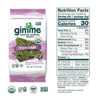 Gimme Seaweed Organic Premium Roasted Seaweed Snacks, Teriyaki, 20 Count, Keto, Vegan, Gluten-Free