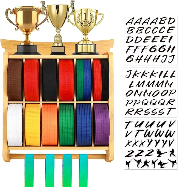 Tilhumt 12 Belts Karate Belt Display Rack with Trophy and Medal Display Rack, Taekwondo Belt