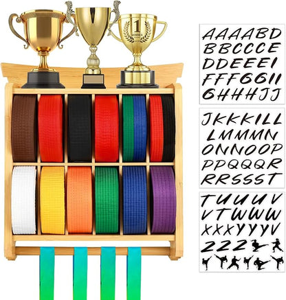 Tilhumt 12 Belts Karate Belt Display Rack with Trophy and Medal Display Rack, Taekwondo Belt