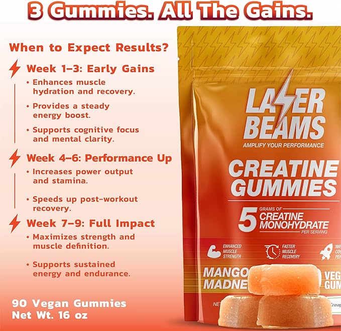 Creatine Monohydrate Gummies for Women & Men - 5g Creapure Creatine per Serving - Vegan, Mango