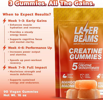 Creatine Monohydrate Gummies for Women & Men - 5g Creapure Creatine per Serving - Vegan, Mango