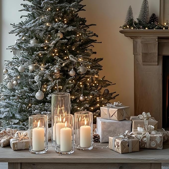 24 Pcs White Pillar Candles with Glass Candle Holder Hurricane Glass Candle Holders Clear Cylinder