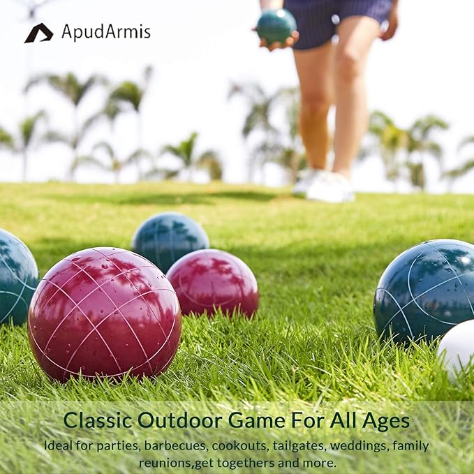 ApudArmis Bocce Balls Set, Regulation Size 100mm Bocce Game for Outdoor/Backyard/Lawn/Beach with 8