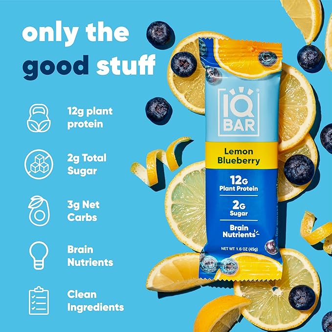 IQBAR Brain and Body Plant Protein Bars - Lemon Blueberry - 36-Count Low Carb - Gluten Free, High