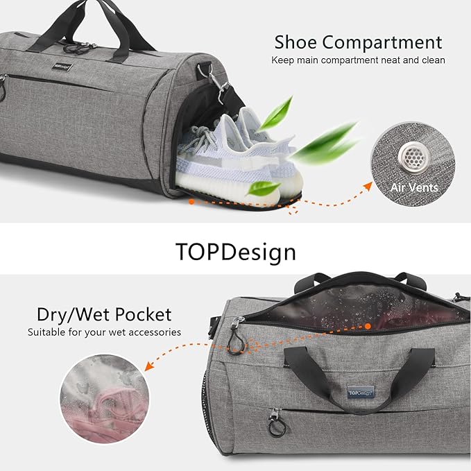 TOPDesign Gym Bag for Women, Duffel Bag with Shoe Compartment & Wet Pocket for Travel Sports (M