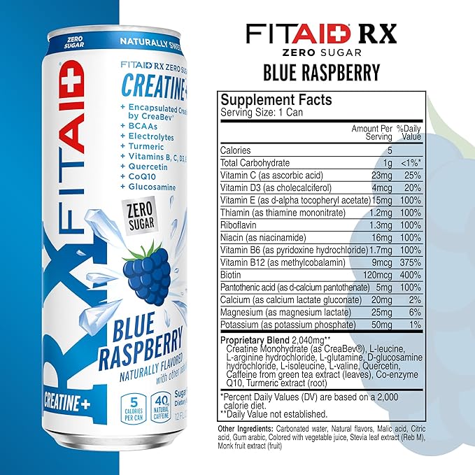 FITAID RX Zero Sugar, Encapsulated Creatine, Workout Recovery Drink, All-In-One Blend, BCAAs