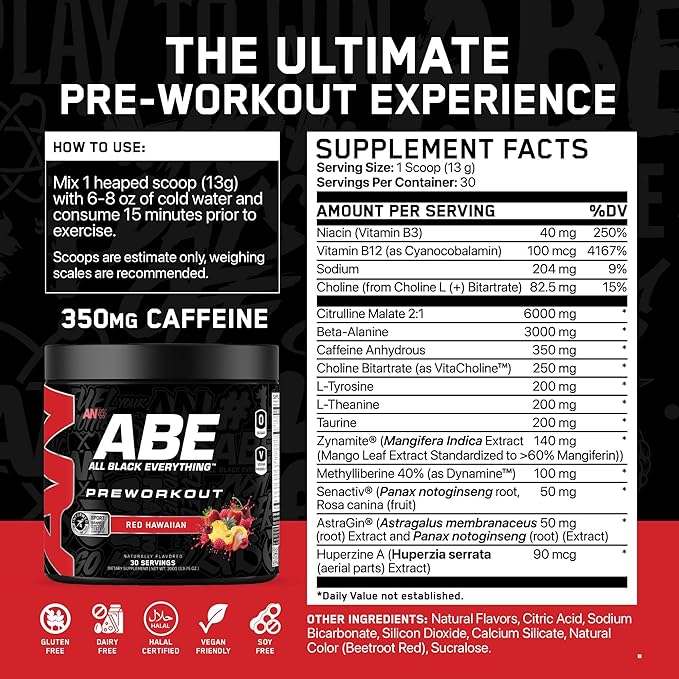 All Black Everything Pre Workout Powder | 30 Servings | Red Hawaiian | 350mg Caffeine | Nootropic