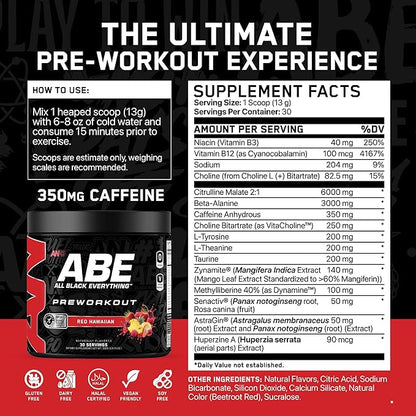 All Black Everything Pre Workout Powder | 30 Servings | Red Hawaiian | 350mg Caffeine | Nootropic