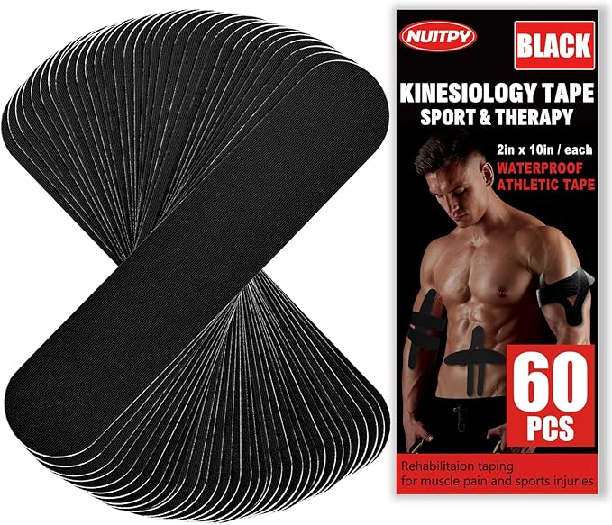 60PCS Precut Kinesiology Tape Strips, 2 inch x 10 inch Athletic Tape, Kinetic Tape, Elastic Muscle