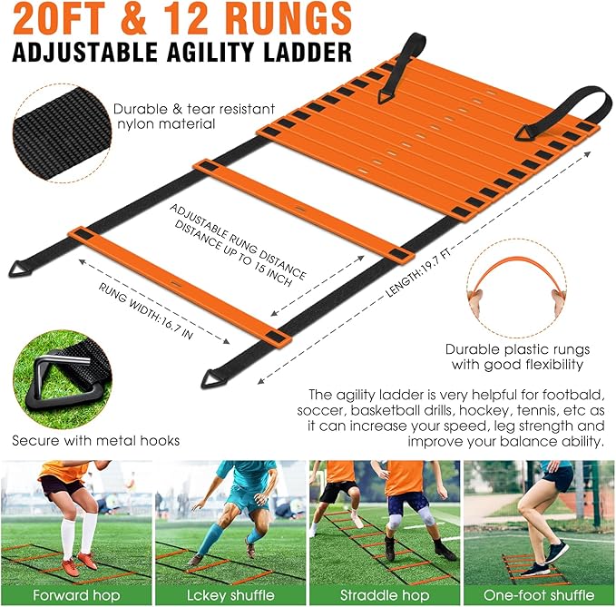 Agility Ladder Speed Training Equipment Set-20ft Agility Ladder,12 Soccer Cones,4 Hurdles, Jump