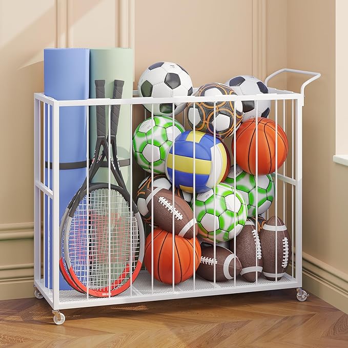 Ball Storage Bin Rolling Sports Ball Cart, Metal Garage Organizer Sport Rack, Ball Basket Storage