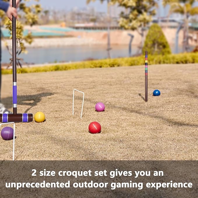 Deluxe 8 Players Croquet Set with 32In Regulation | 28In Standard Size Rubber Wood Mallets, Colored