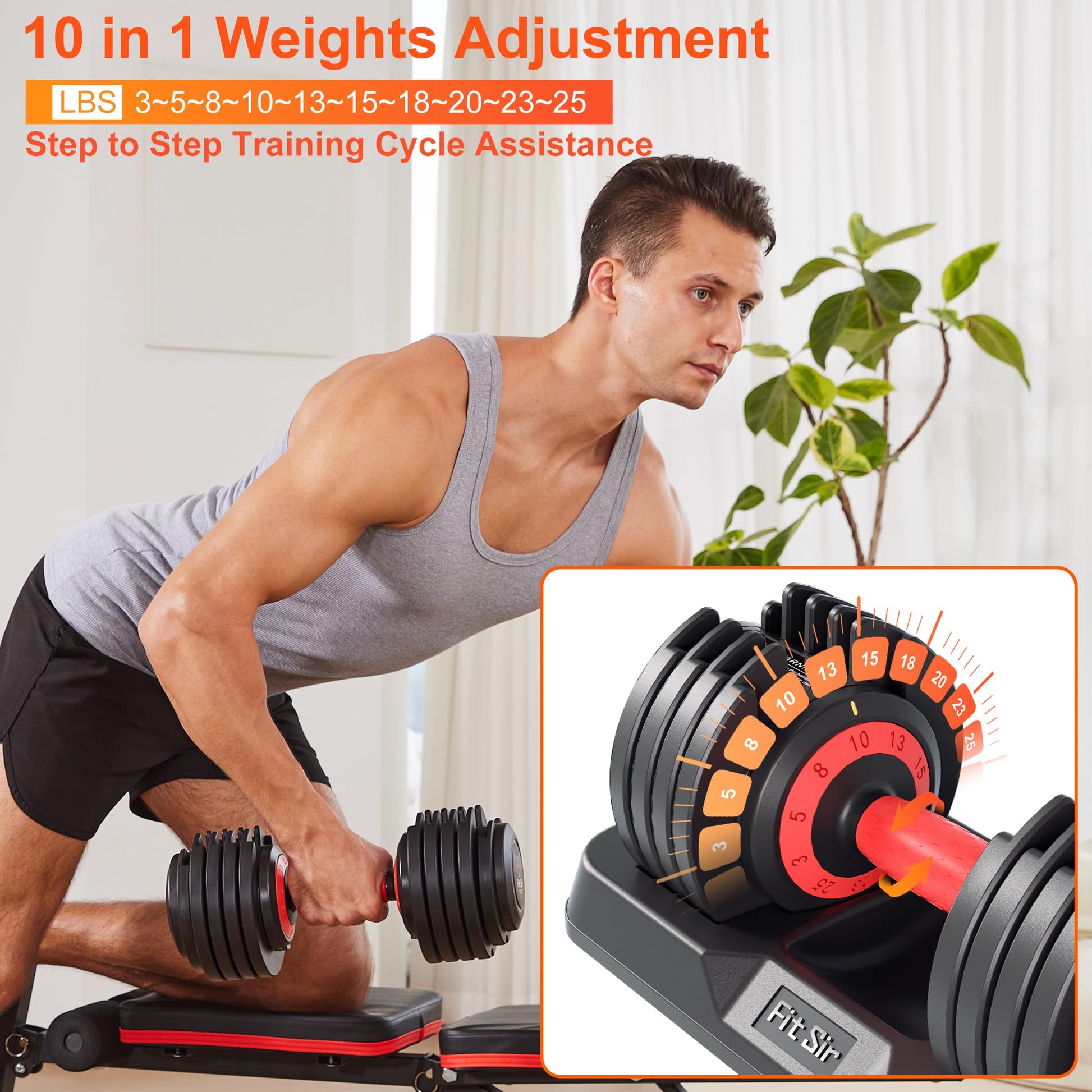 Fit Sir Adjustable Dumbbell Set, 10-in-1 25LB/50LB/90LB Ajustable Dumbbells with Safe Locking