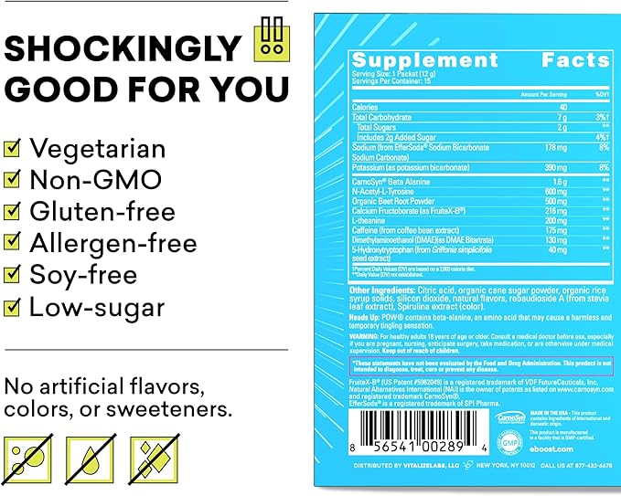 EBOOST POW Natural Pre Workout Powder - 15 Packets, Blue Raspberry - Preworkout Energy Booster Gym