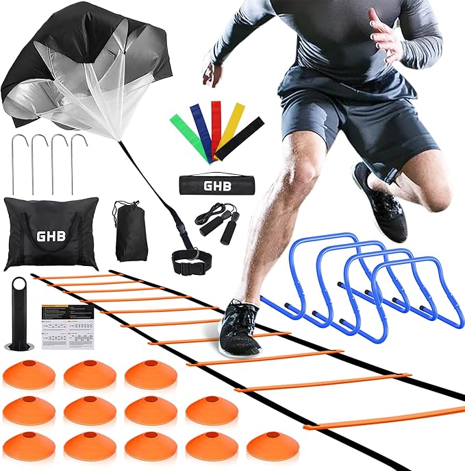 GHB Agility Ladder,Football Training Equipment Set,4 Agility Hurdles, 20 feet12 Rungs Speed
