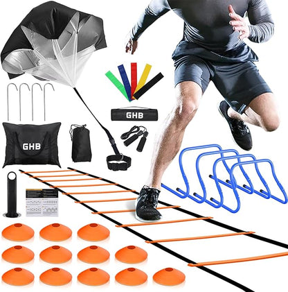 GHB Agility Ladder,Football Training Equipment Set,4 Agility Hurdles, 20 feet12 Rungs Speed