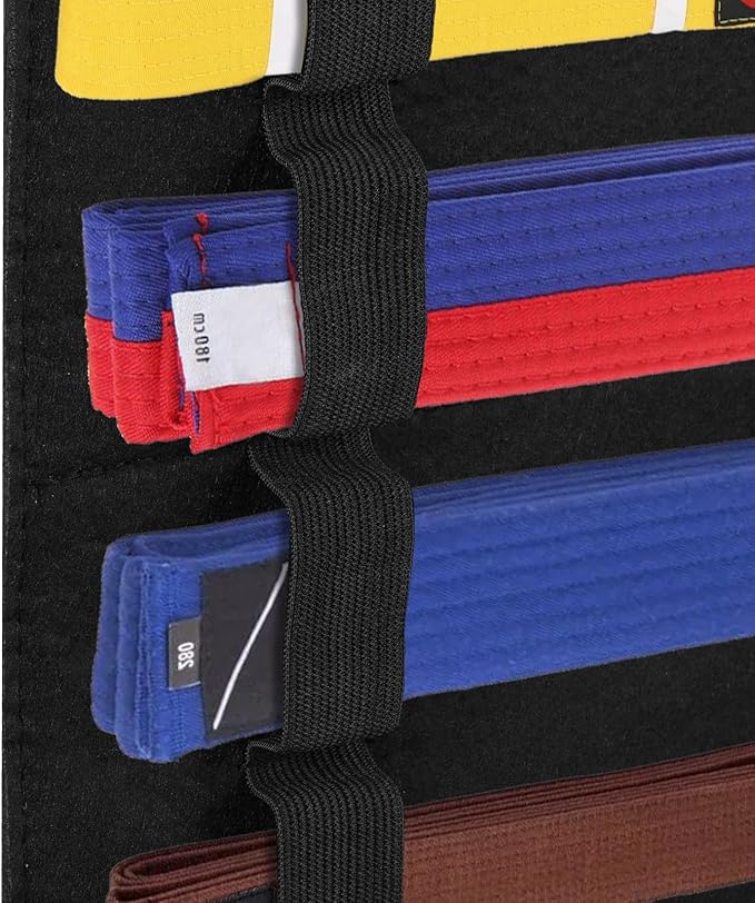 JUXYES Wall Hanging Martial Arts Belts Organizer with Trophy and Medal Display Rack, Bamboo Karate