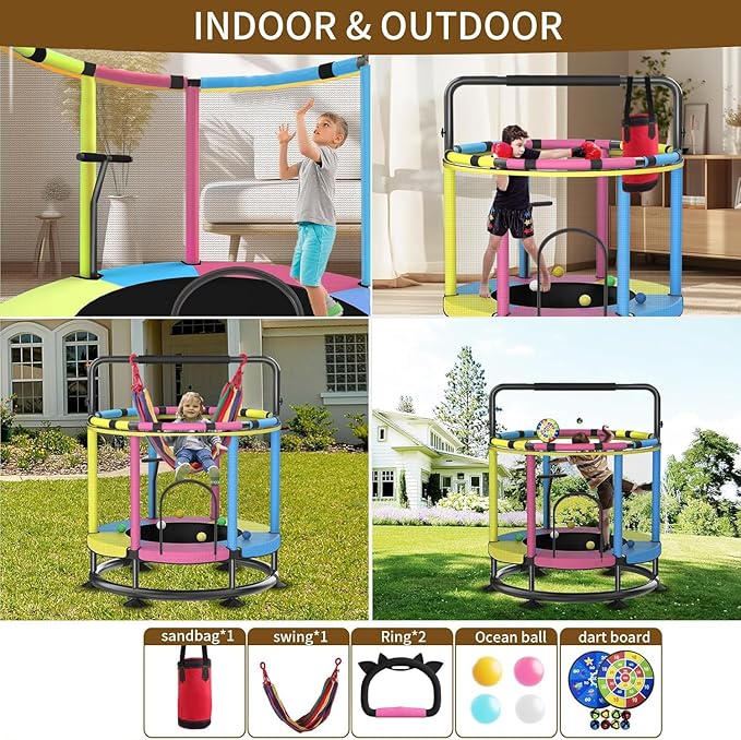 Trampoline for Kids, Full Anti-Rust 440lbs Anti-Rollover Round Bottom Toddler Trampoline