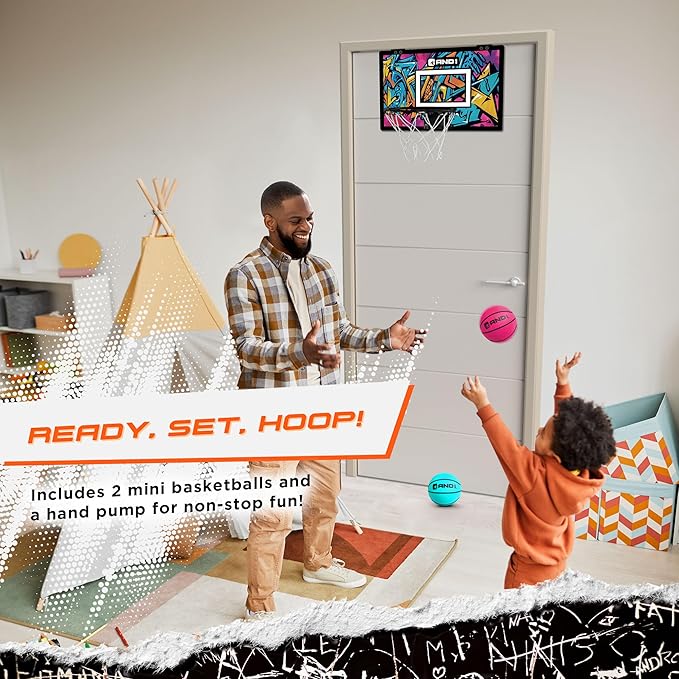 AND1 Over the Door Mini Basketball Hoop: 18x12 Shatterproof Backboard, 2 Mini Basketballs, and Hand