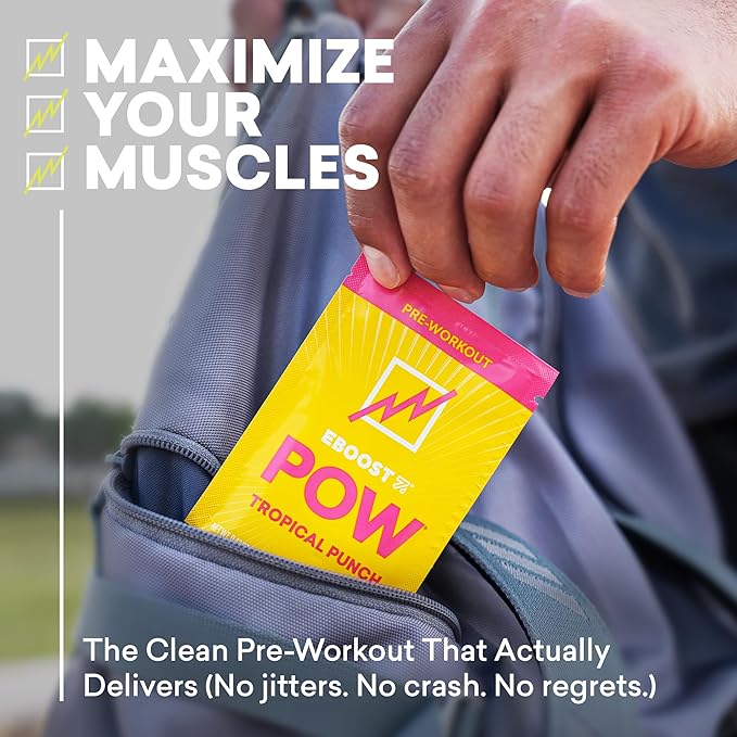 EBOOST POW Natural Pre Workout Powder - 15 Packets, Tropical Punch - Preworkout Energy Booster Gym