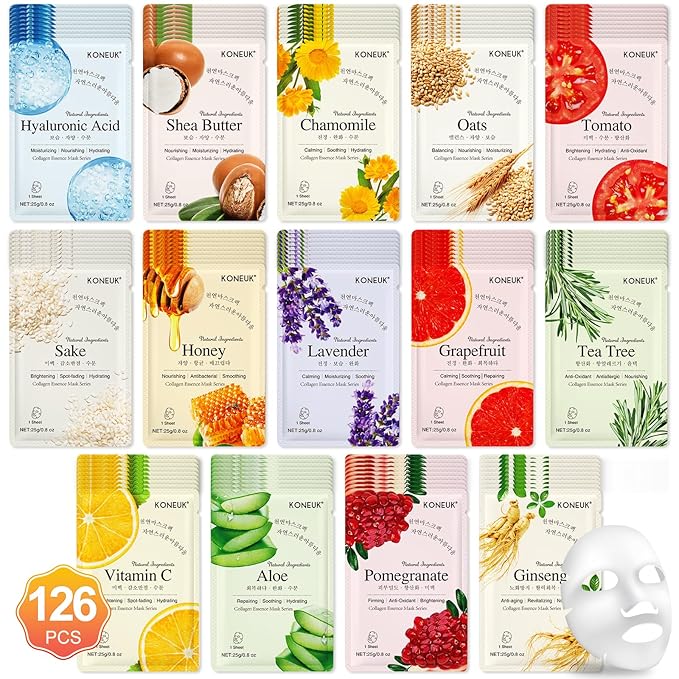 126 Pack Sheet Face Masks Skincare, Bulk Facial Mask Gifts Set for Women Skin Care, Hydrating Face